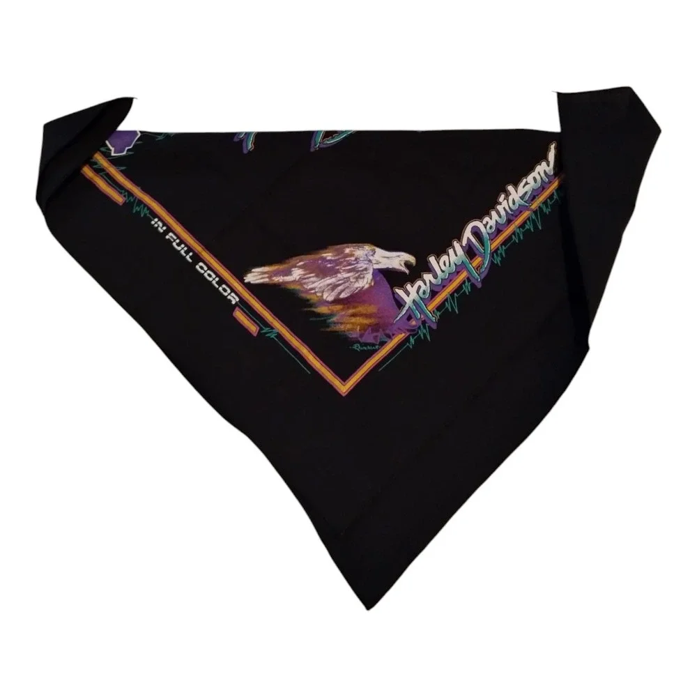 Vintage 90s Harley Davidson In Full Color Motorcycle Bandana Handkerchief‎ Black